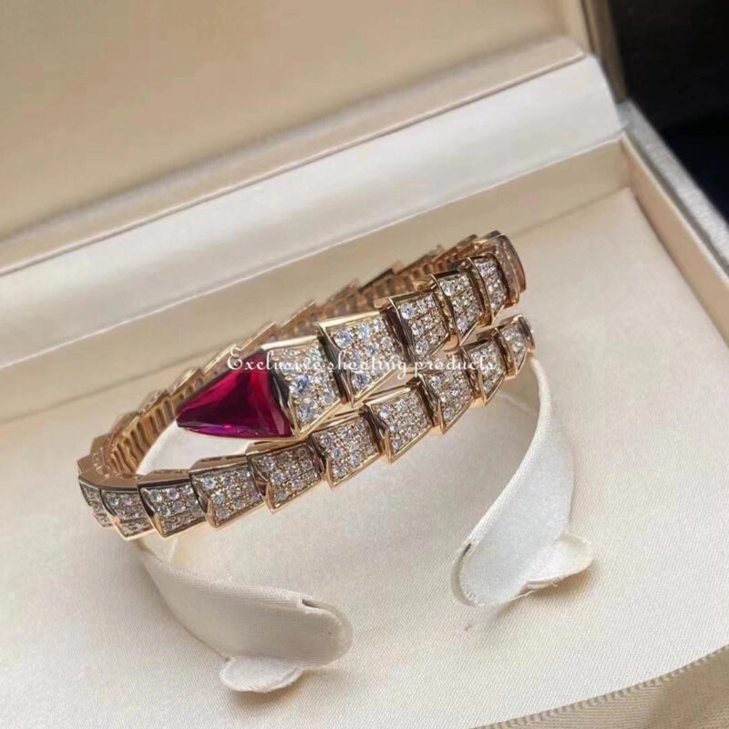 Bulgari 347602 Serpenti one-coil bracelet in 18 kt rose gold set with full pavé diamonds and a rubellite on the head 12