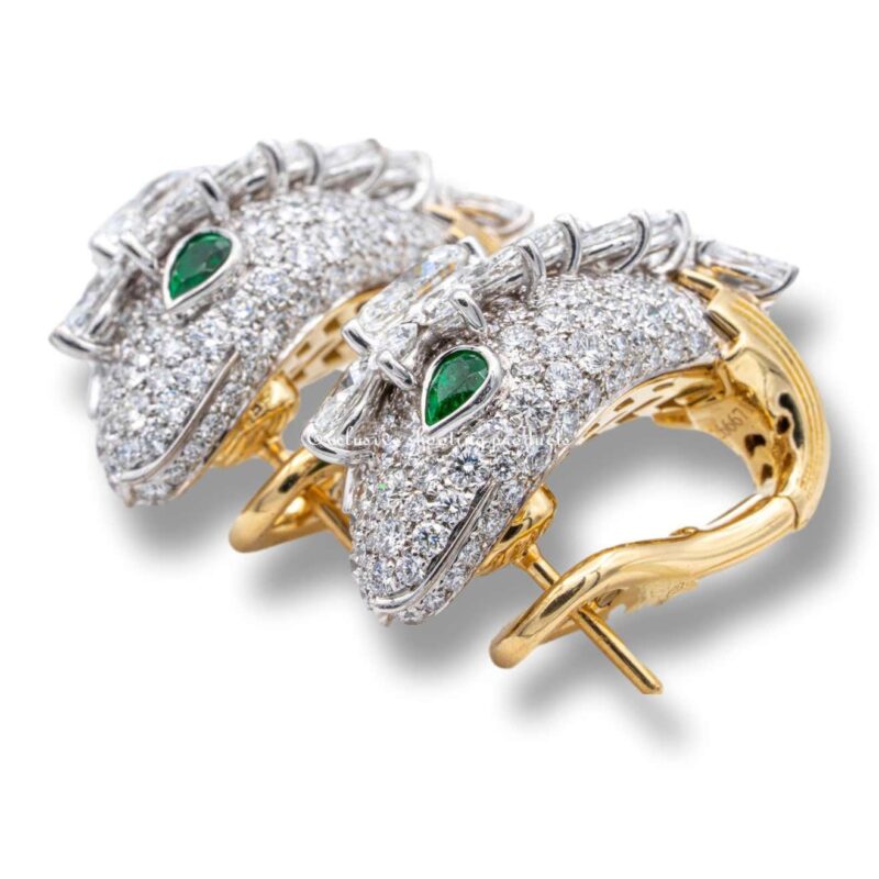 Bulgari Earrings Serpenti Platinum and 18K Yellow Gold Diamond Earrings with Emerald Eyes 6