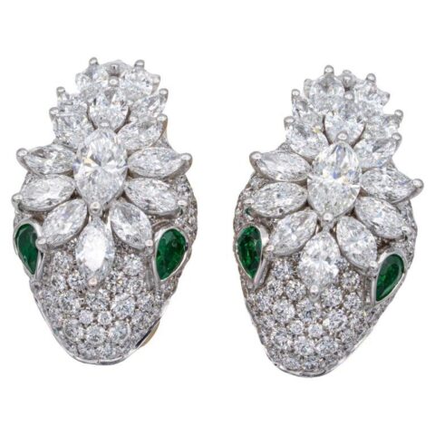 Bulgari Earrings Serpenti Platinum and 18K Yellow Gold Diamond Earrings with Emerald Eyes 1