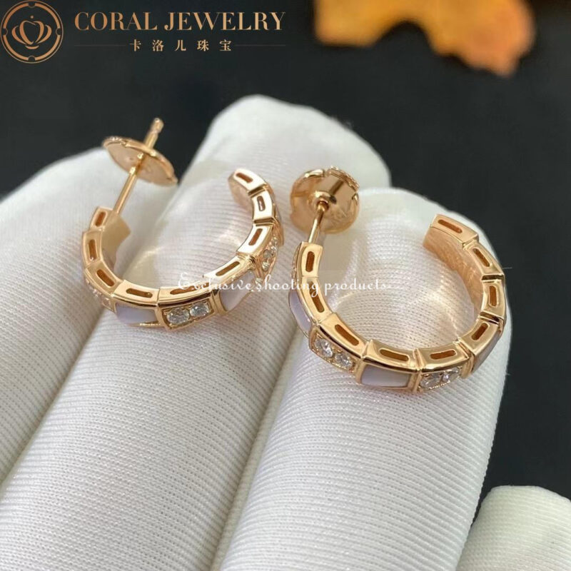 Bulgari Serpenti 356170 Viper 18 kt rose gold earrings set with mother-of-pearl elements and pavé diamonds 4