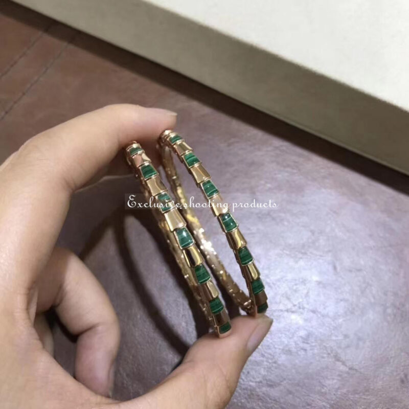 Bulgari 356519 Serpenti Viper 18 kt rose gold thin bangle bracelet set with malachite elements 3