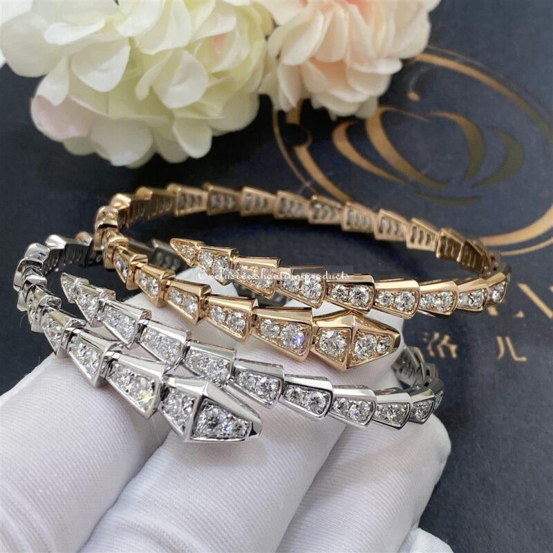 Bulgari 351844 Serpenti Viper one-coil slim bracelet in 18 kt white gold set with full pavé diamonds 8