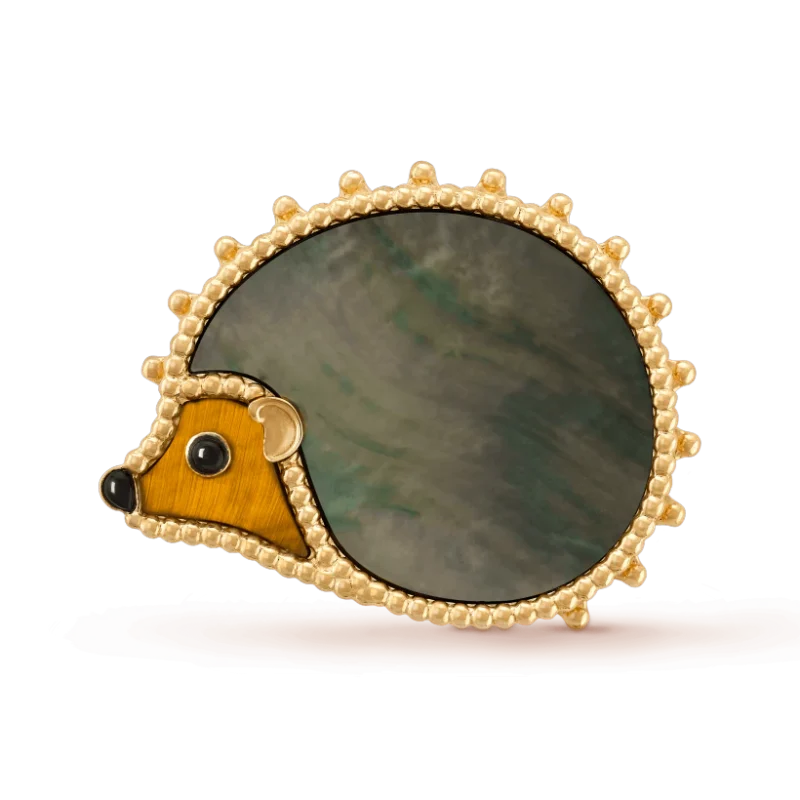 Van Cleef & Arpels VCARP2AZ00 Lucky Animals Hedgehog clip Yellow gold Mother-of-pearl Onyx Tiger Eye clip 1