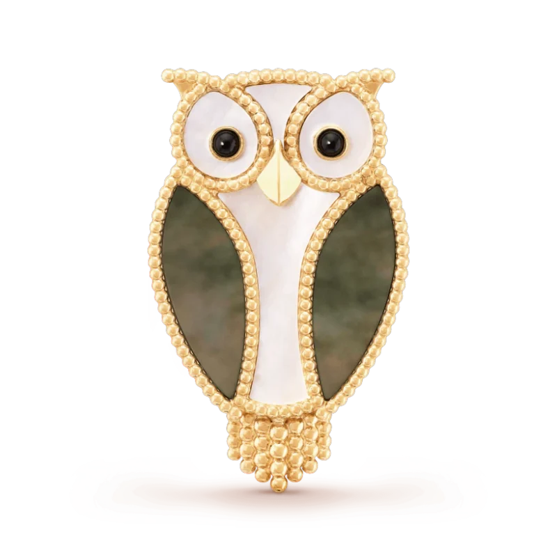 Van VCARP2AV00 Cleef & Arpels Lucky Animals Owl clip Yellow gold Mother-of-pearl Onyx clip 1