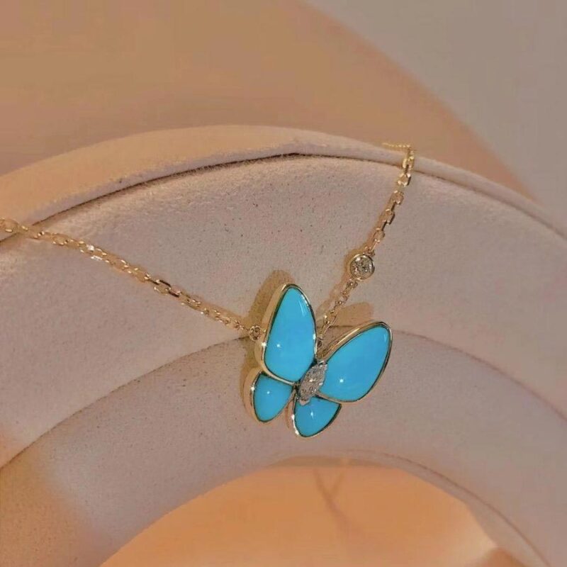 Van Cleef & Arpels VCARP7UP00 Two Butterfly pendant Yellow gold Diamond Turquoise Necklace 13