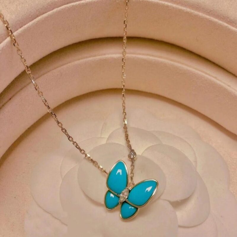 Van Cleef & Arpels VCARP7UP00 Two Butterfly pendant Yellow gold Diamond Turquoise Necklace 12