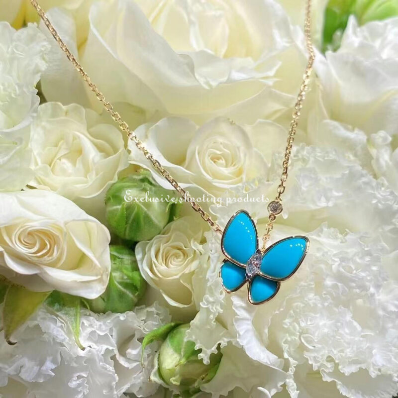 Van Cleef & Arpels VCARP7UP00 Two Butterfly pendant Yellow gold Diamond Turquoise Necklace 9