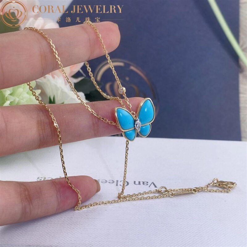Van Cleef & Arpels VCARP7UP00 Two Butterfly pendant Yellow gold Diamond Turquoise Necklace 8