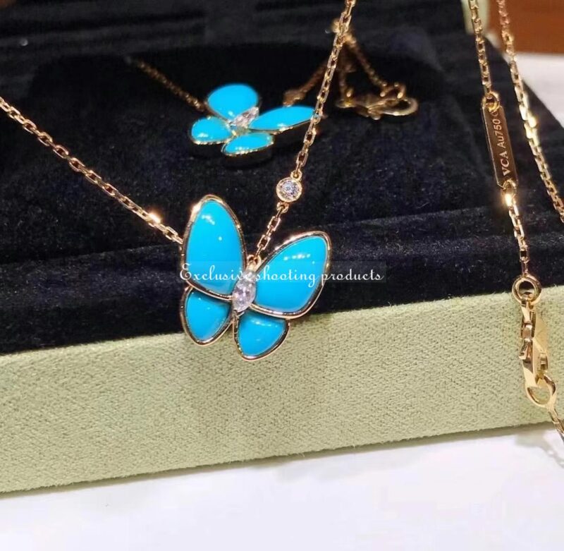 Van Cleef & Arpels VCARP7UP00 Two Butterfly pendant Yellow gold Diamond Turquoise Necklace 5