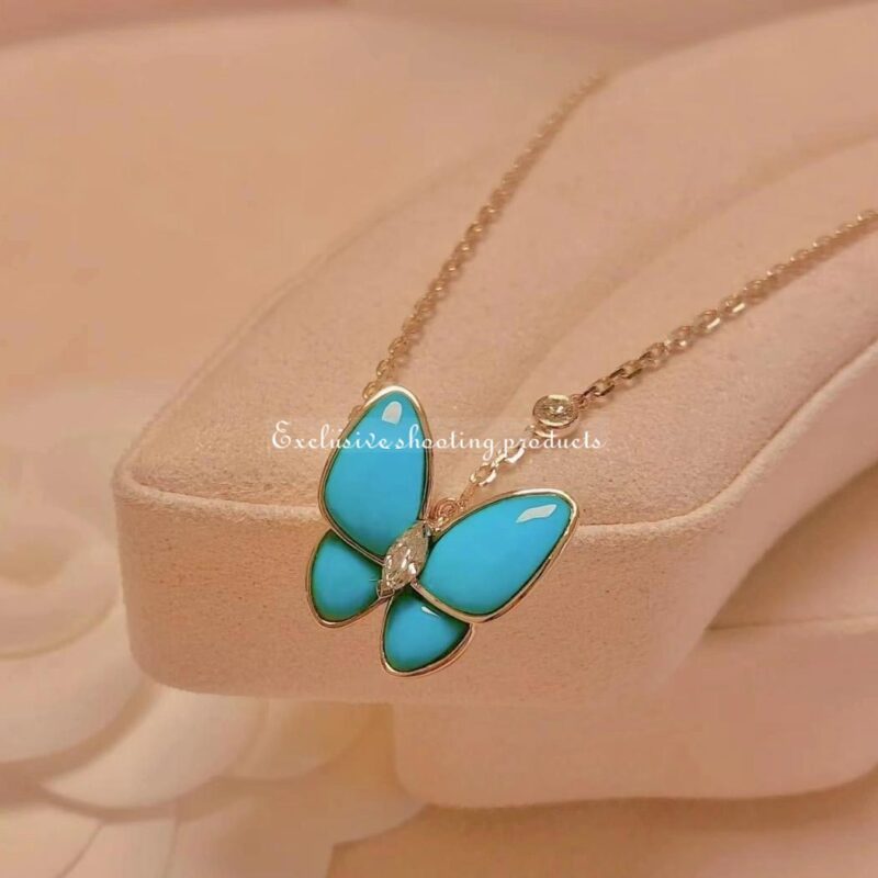 Van Cleef & Arpels VCARP7UP00 Two Butterfly pendant Yellow gold Diamond Turquoise Necklace 4