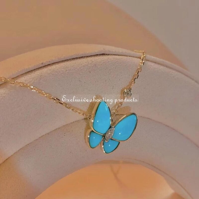 Van Cleef & Arpels VCARP7UP00 Two Butterfly pendant Yellow gold Diamond Turquoise Necklace 3