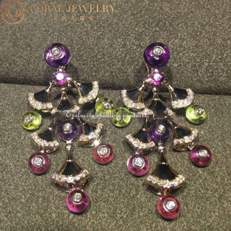Bulgari Divas’ Dream 348356 Earrings Rose Gold with Amethysts OR856485 Peridot Rubellites and Pavé Diamonds 2