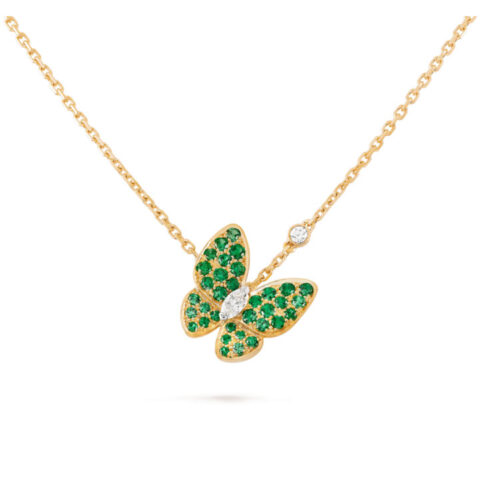 Van Cleef & Arpels VCARO6W700 Two Butterfly pendant Yellow gold Diamond tsavorites Necklace 1