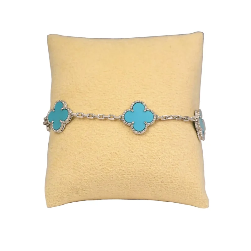 Van Cleef & Arpels Vintage Alhambra Bracelet 5 Motif 18k White Gold Turquoise Bracelet 3