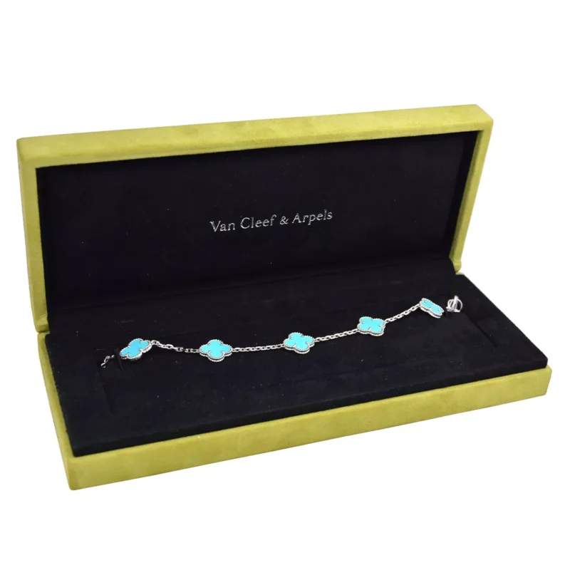 Van Cleef & Arpels Vintage Alhambra Bracelet 5 Motif 18k White Gold Turquoise Bracelet 2