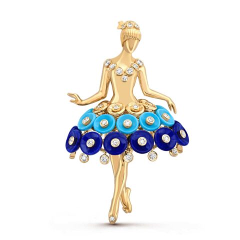 Van Cleef & Arpels VCARP7R300 Bouton d’or ballerina clip Yellow gold Diamond Lapis Lazuli Turquoise clip 1