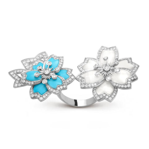 Van Cleef & Arpels VCARP7EP00 Hellébore Between the Finger Ring White gold Diamond Mother-of-pearl Turquoise Ring 1