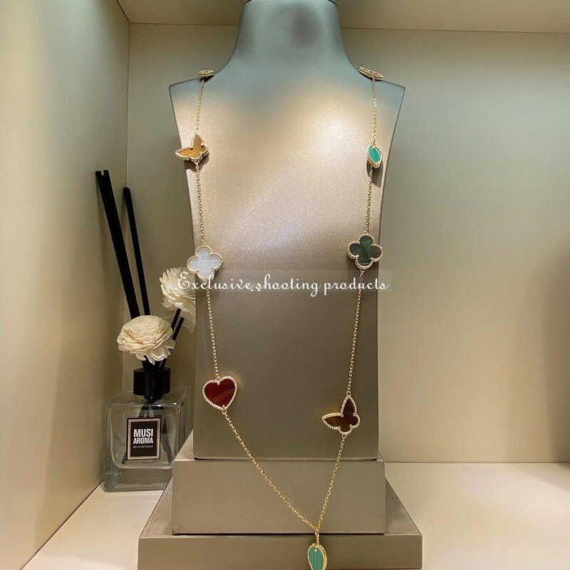 Van Cleef & Arpels VCARD80100 Lucky Alhambra long necklace 12 motifs Yellow gold Carnelian Malachite Mother-of-pearl Tiger Eye 15