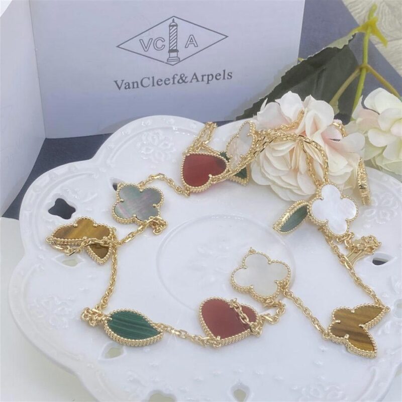 Van Cleef & Arpels VCARD80100 Lucky Alhambra long necklace 12 motifs Yellow gold Carnelian Malachite Mother-of-pearl Tiger Eye 19