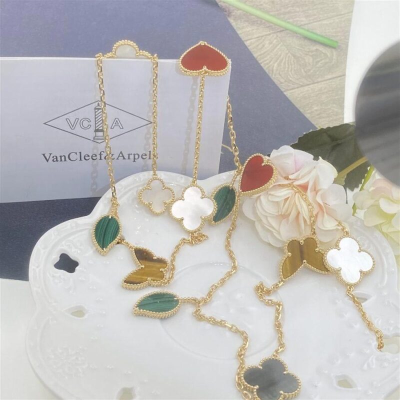 Van Cleef & Arpels VCARD80100 Lucky Alhambra long necklace 12 motifs Yellow gold Carnelian Malachite Mother-of-pearl Tiger Eye 17