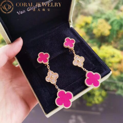 Van Cleef & Arpels Magic Alhambra VCARO9II00-Pink earrings 3 motifs Yellow gold Diamond Pink ceramics 8