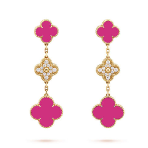 Van Cleef & Arpels Magic Alhambra VCARO9II00-Pink earrings 3 motifs Yellow gold Diamond Pink ceramics 1