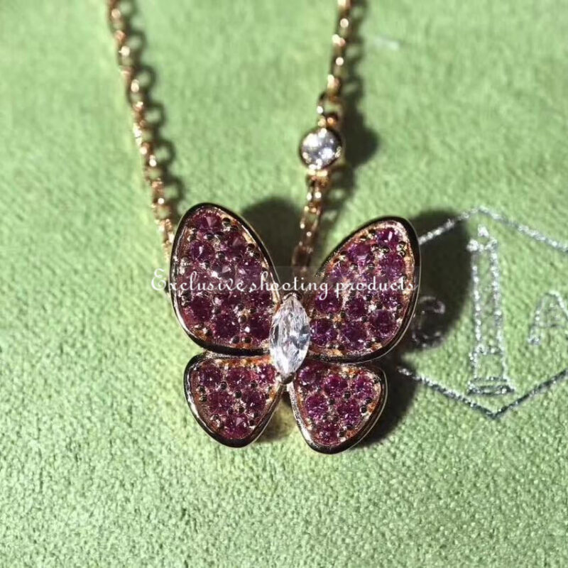 Van Cleef & Arpels VCARO3M200 Two Butterfly pendant Rose gold Diamond Sapphire Necklaces 8