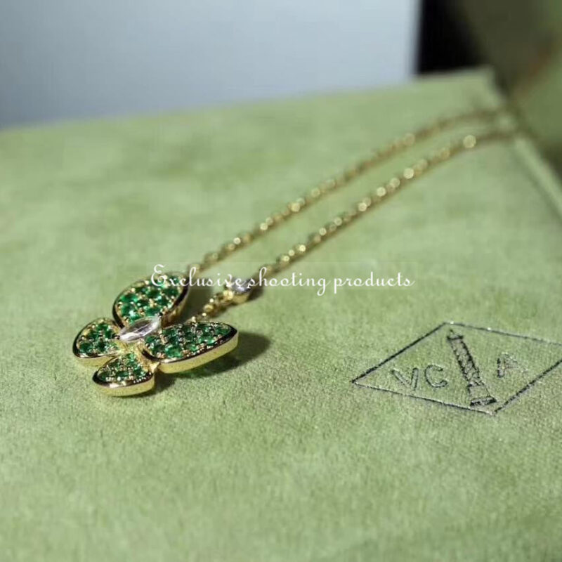 Van Cleef & Arpels VCARO6W700 Two Butterfly pendant Yellow gold Diamond tsavorites Necklace 14