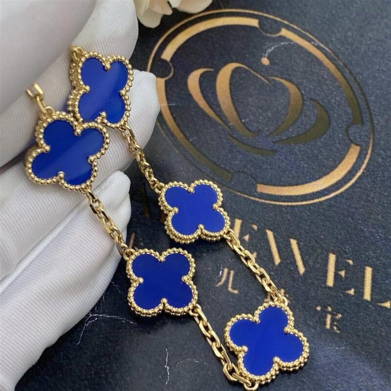 Van Cleef & Arpels Vintage Alhambra Bracelet 5 Motif 18k Yellow Gold Dark Blue Agate Bracelet 4