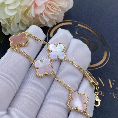 Van Cleef & Arpels Vintage Alhambra Bracelet 5 Motif 18k Yellow Gold Pink Mother of pearl Bracelet 1