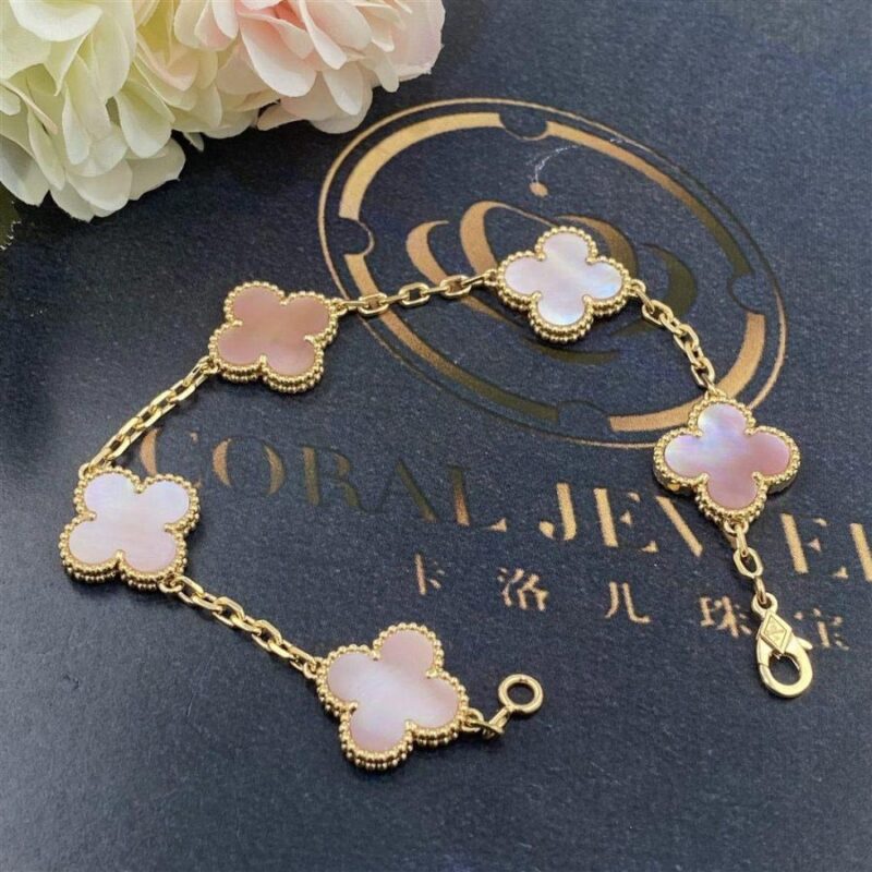 Van Cleef & Arpels Vintage Alhambra Bracelet 5 Motif 18k Yellow Gold Pink Mother of pearl Bracelet 7