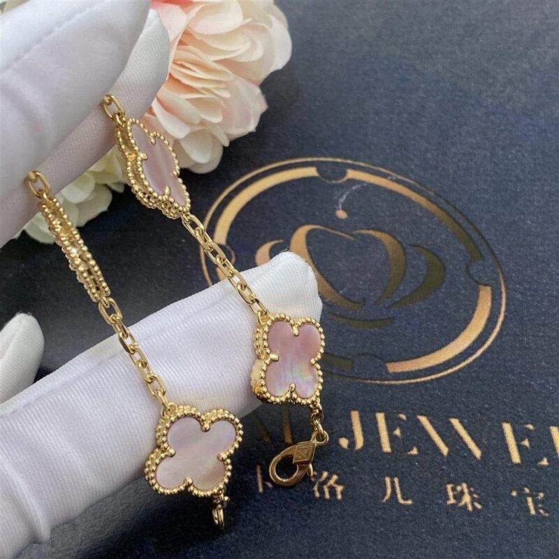 Van Cleef & Arpels Vintage Alhambra Bracelet 5 Motif 18k Yellow Gold Pink Mother of pearl Bracelet 6