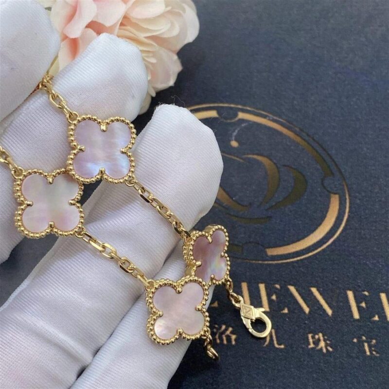 Van Cleef & Arpels Vintage Alhambra Bracelet 5 Motif 18k Yellow Gold Pink Mother of pearl Bracelet 5