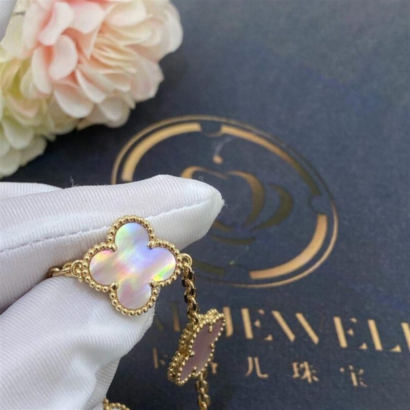 Van Cleef & Arpels Vintage Alhambra Bracelet 5 Motif 18k Yellow Gold Pink Mother of pearl Bracelet 4