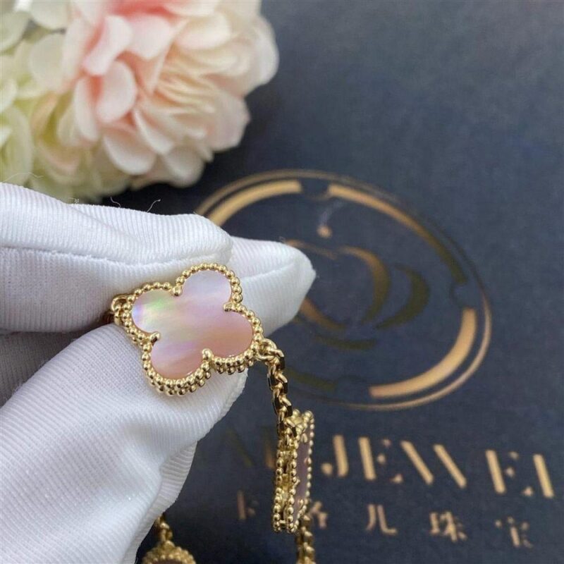 Van Cleef & Arpels Vintage Alhambra Bracelet 5 Motif 18k Yellow Gold Pink Mother of pearl Bracelet 3