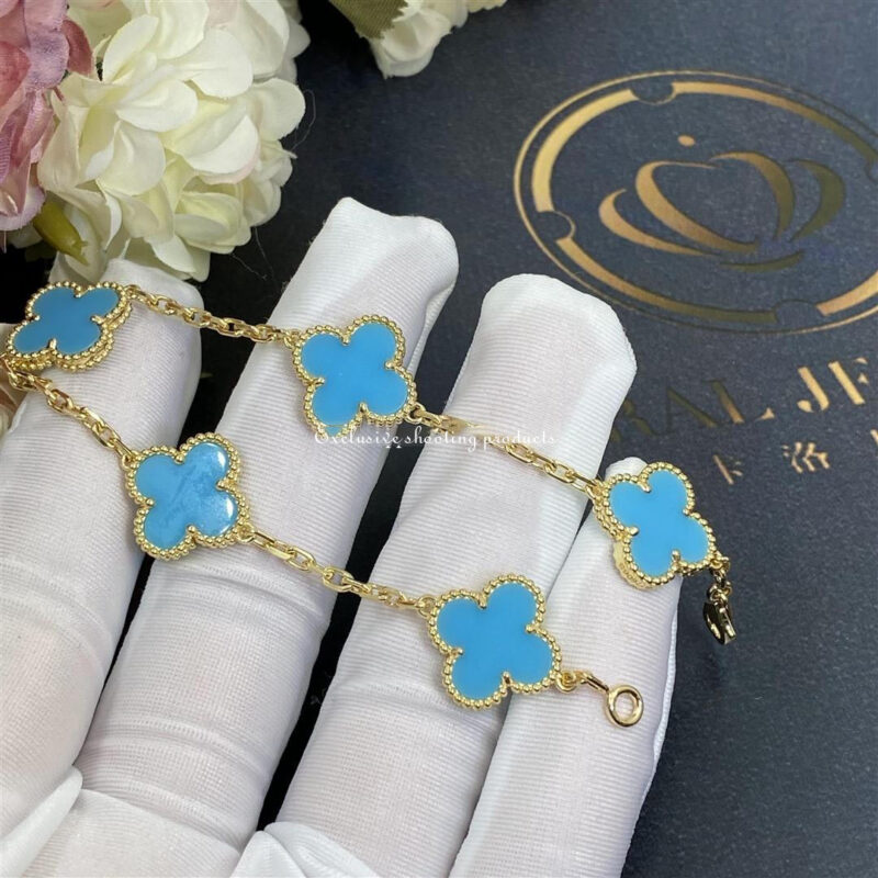 Van Cleef & Arpels Vintage Alhambra Bracelet 5 Motif 18k Yellow Gold Turquoise Bracelet 7