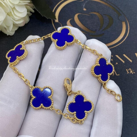 Van Cleef & Arpels Vintage Alhambra Bracelet 5 Motif 18k Yellow Gold Dark Blue Agate Bracelet 11