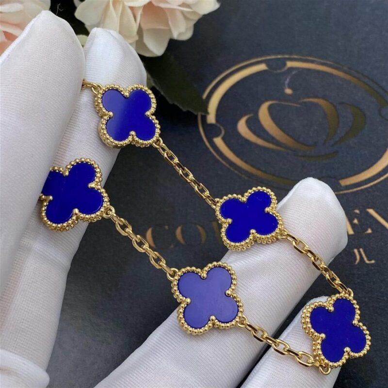 Van Cleef & Arpels Vintage Alhambra Bracelet 5 Motif 18k Yellow Gold Dark Blue Agate Bracelet 9