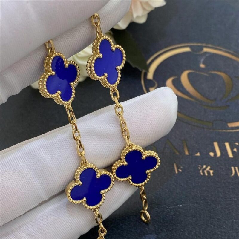 Van Cleef & Arpels Vintage Alhambra Bracelet 5 Motif 18k Yellow Gold Dark Blue Agate Bracelet 7