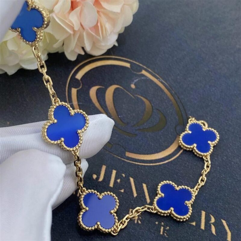 Van Cleef & Arpels Vintage Alhambra Bracelet 5 Motif 18k Yellow Gold Dark Blue Agate Bracelet 6