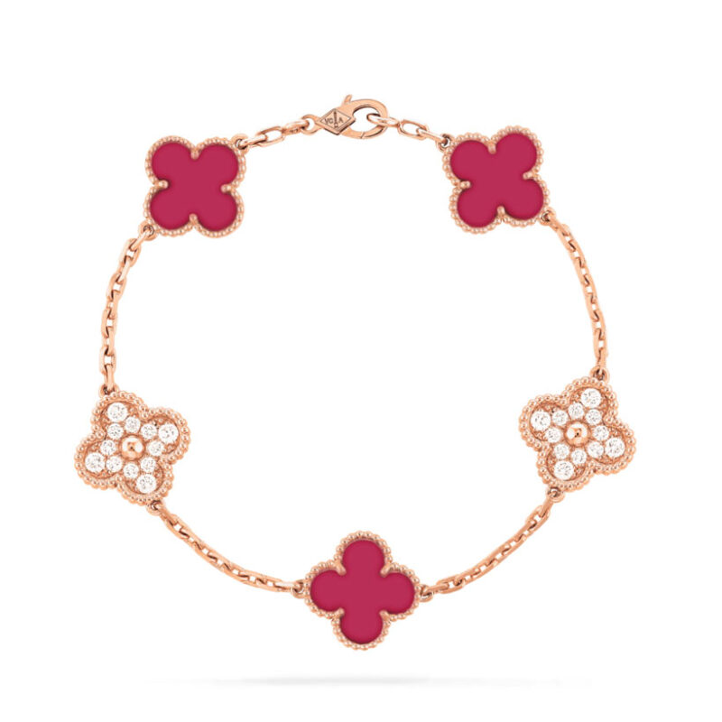 Van Cleef & Arpels Vintage Alhambra Bracelet Limited Edition Diamond Pink Ceramic Gold Bracelet 1