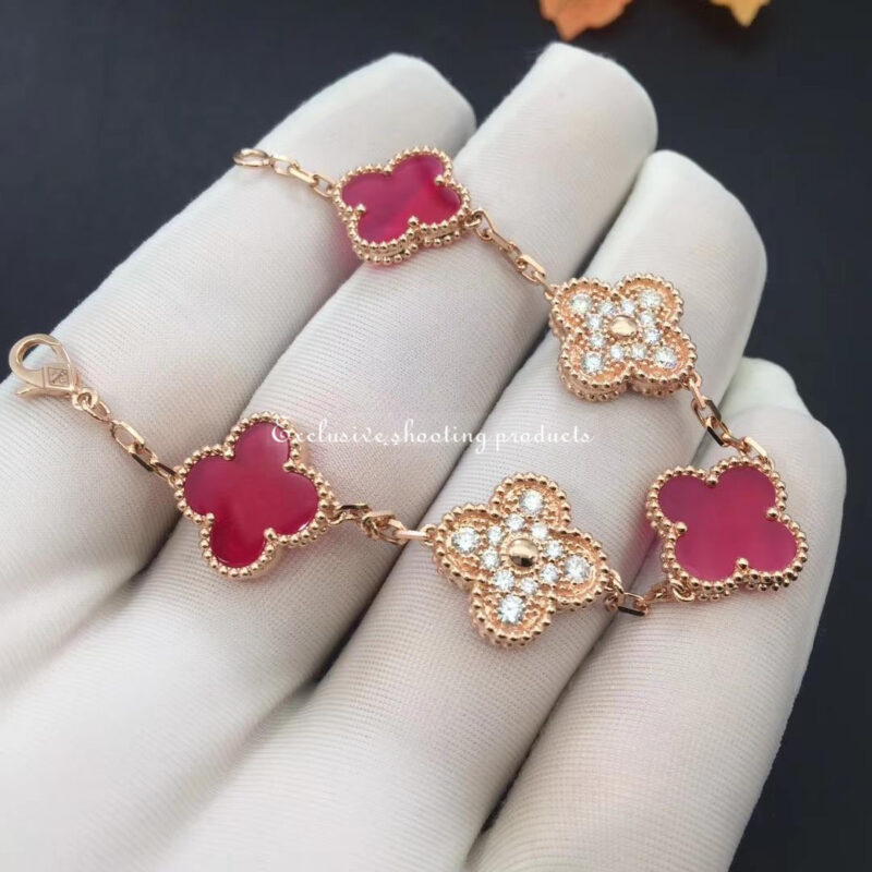 Van Cleef & Arpels Vintage Alhambra Bracelet Limited Edition Diamond Pink Ceramic Gold Bracelet 5