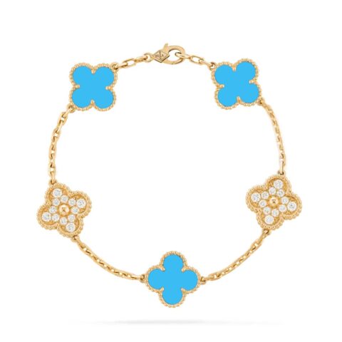 Van Cleef & Arpels Bracelet Vintage Alhambra Limited Edition Diamond Turquoise Gold Bracelet 1