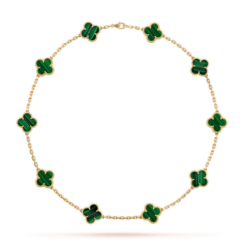 Van Cleef & Arpels VCARO3QJ00 Vintage Alhambra Necklace 10 Motifs Yellow Gold Malachite Necklace 1