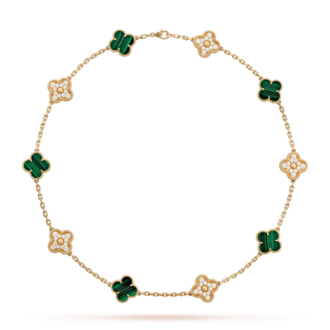 Van Cleef & Arpels VCARO9J400 Vintage Alhambra Necklace 10 Motifs Yellow Gold Diamond Malachite Necklace 1