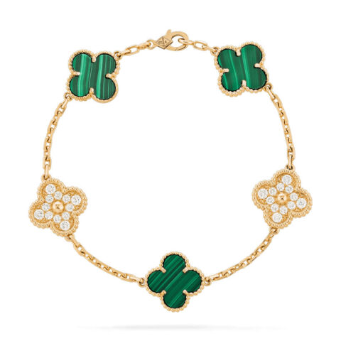 Van Cleef & Arpels VCARO7GQ00 Vintage Alhambra bracelet 5 motifs Yellow gold Diamond Malachite bracelet 1