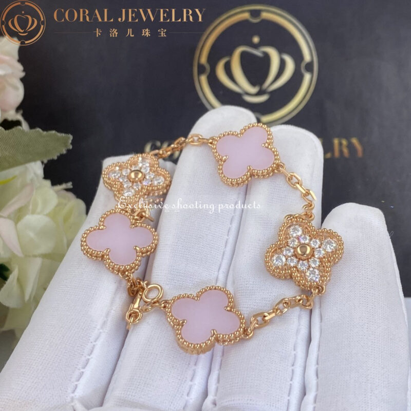 Van Cleef & Arpels Vintage Alhambra VCARP2R900 bracelet 5 motifs Rose gold Diamond Pink Opal bracelet 5