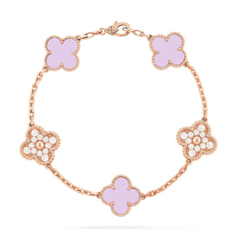 Van Cleef & Arpels Vintage Alhambra VCARP2R900 bracelet 5 motifs Rose gold Diamond Pink Opal bracelet 1