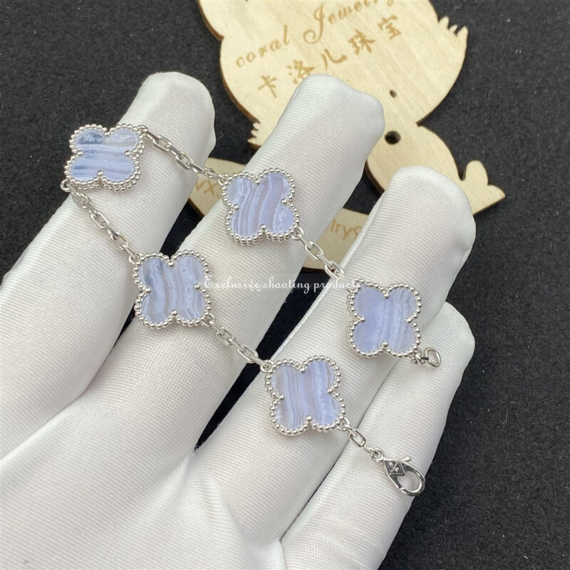 Van Cleef & Arpels VCARD34700 Vintage Alhambra bracelet 5 motifs White gold Chalcedony bracelet 11