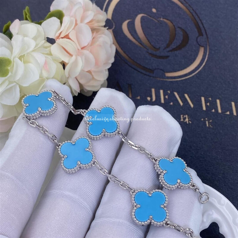 Van Cleef & Arpels VCARD34700 Vintage Alhambra bracelet 5 motifs White gold Turquoise bracelet 9